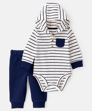 Carter's Knit Full Sleeves Striped Hooded Onesie with Leggings - Navy Blue & White