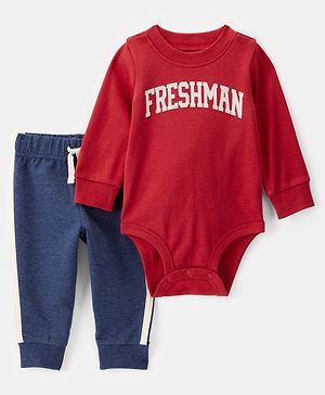 Carter's Knit Full Sleeves Onesie with Leggings with Freshman Print - Red & Blue
