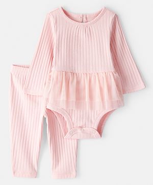 Carter's Knit Full Sleeves Textured Onesie & Leggings with Frill Detailing - Light Pink