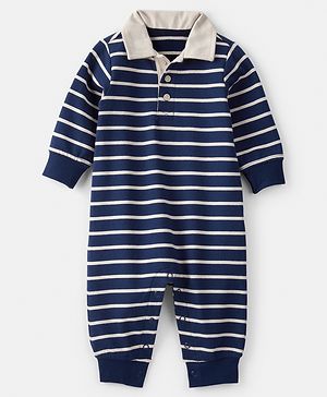 Carter's Knit Full Sleeves Romper with Collar & Stripes Print - Navy Blue