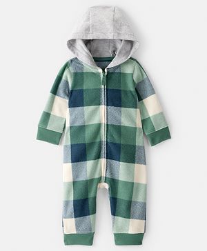 Carter's Knit Full Sleeves Front Open Hooded Checked Romper - Green Blue & Grey
