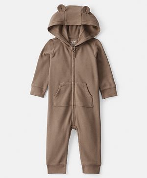 Carter's Knit Full Sleeves Solid Color Hooded Romper with Kangaroo Pocket - Brown