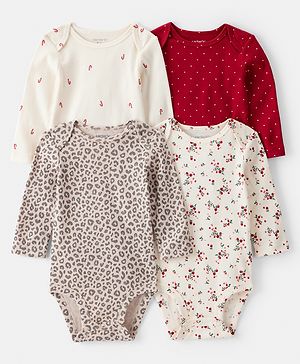 Carter's Knit Full Sleeves Onesies with Floral & Heart Print Pack of 4 - Red Cream & Beige
