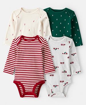 Carter's Knit Full Sleeves Onesies with Stripes & Printed Pack of 4 - Red Cream & Green