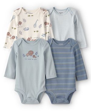 Carter's Knit Full Sleeves Onesies With Stripes & Vehicle Print Pack Of 4 - Grey & Cream