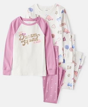 Carter's Knit Full Raglan Sleeves Co-ord Night Suits With Heart Print Pack of 2 - White & Plum