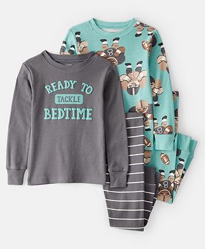 Carter's Knit Full Sleeves Co-ord Night Suits With Soccer Theme Print Pack of 2 - Mint & Grey