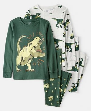 Carter's Knit Full Sleeves Co-ord Night Suits With Dino Print Pack of 2 - Grey & Dark Green