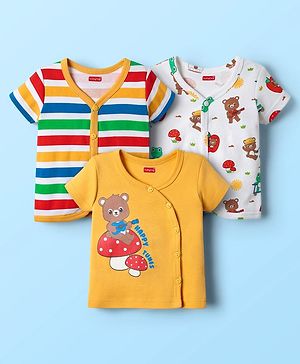 Babyhug 100% Cotton Knit Half Sleeves Front Open Vests with Bear Print & Stripes Pack of 3 - Yellow & White