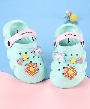 Cute Walk by Babyhug Backstrap Closure Clogs With Unicorn & Floral Applique - Light Blue.