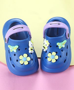 Cute Walk By Babyhug Backstrap Closure Clogs With Floral Butterfly & Kitty Applique - Blue & Purple