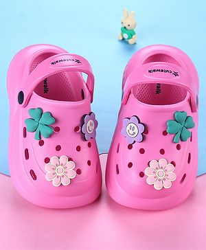 Cute Walk by Babyhug Back Strap Closure Solid Coloured Clogs With Floral Applique - Dark Pink