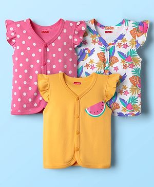 Babyhug 100% Cotton Knit Frill Sleeves Front Open Vests with Tropical Theme & Polka Dots Print Pack of 3 - Pink Yellow & White