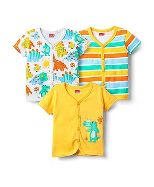 Babyhug 100% Cotton Knit Half Sleeves Striped & Animal Printed Front Open Vests Pack of 3 - Yellow & White
