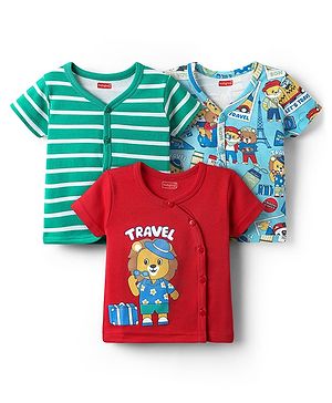 Babyhug 100% Cotton Front Open Half Sleeves Striped & Animal Printed Jhablas Pack Of 3 - Red Green & Light Blue