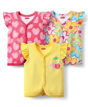 Babyhug 100% Cotton Front Open Frill Sleeves Floral & Hearts Printed jhabla Pack Of 3 - Dark Pink Yellow & Light Blue