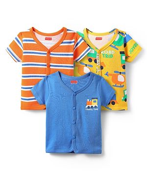 Babyhug 100% Cotton Front Open Half Sleeves jhabla With Vehicles Print & Stripes Pack Of 3 - Blue Orange & Yellow
