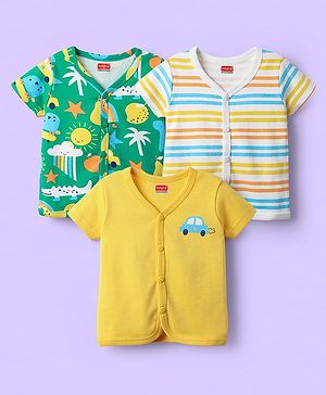 Babyhug 100% Cotton Front Open Half Sleeves Striped & Nature Printed Jhablas Pack Of 3 - Yellow Green & Light Blue
