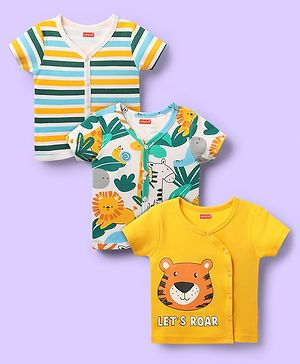 Babyhug 100% Cotton Antibacterial Half Sleeves Front Open jhabla With Stripes & Animal Print Pack Of 3 - Yellow & White