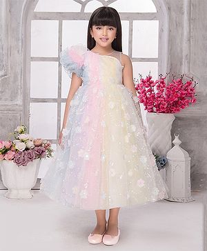 Tiny Kingdom Net One Shoulder Flutter Sleeves Floral Applique Detailed Sequins Embellished Ombre Gown - Multi Colour