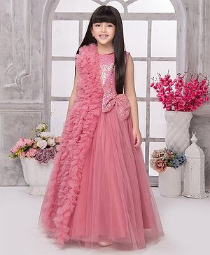 Tiny Kingdom Net Sleeveless Bow Applique & Ruffle Detailed Sequins Embellished Gown - Pink