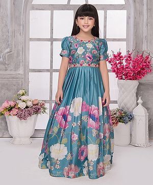 Tiny Kingdom Half Puffed Sleeves Floral Printed & Embroidered Lace Embellished Gown - Light Blue