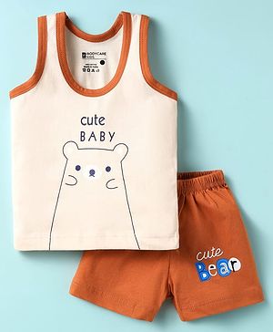 Bodycare Cotton Knit Sleeveless Tank T-Shirt & Shorts Set with Bear Print - Brown
