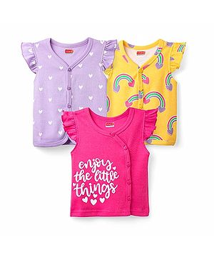 Babyhug 100% Cotton Knit Frill Sleeves Rainbow & Heart Printed Front Open jhablas Pack of 3 - Dark Pink Yellow & Lavender