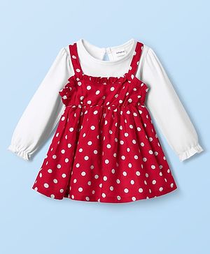 Babyhug Cotton Woven Full Sleeves Frock With Polka Dot Print - Red & White