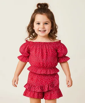 Mark & Mia Cotton Knit Half
                              Sleeves Co-Ord Top & Skirt Sets With
                              Polka Dots & Frill Detailing - Red