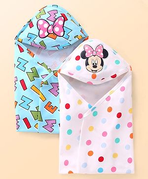 Babyhug Disney 100% Cotton Hooded Towels With Minnie Mouse & Family Graphics   L 79 x B 80 cm Pack Of 2 -Turquoise & White
