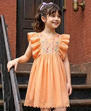 Kookie Kids Dobby Woven Frill
                                  Sleeves Frock With Floral Embroidery -
                                  Light Orange