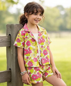 Pine Kids Single Jersey Knit Half Sleeves Top & Shorts Set With Floral Print & Inner Top - Light Green