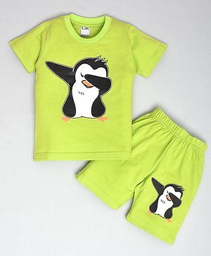 Kiwi Cotton Sinker Half Sleeves Penguin Printed Coordinating Tee & Shorts Set - Neon Green