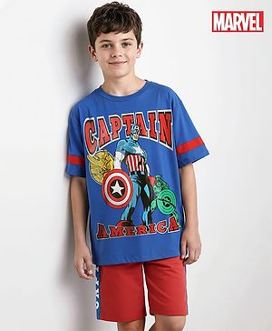 Pine Kids Marvel Single Jersey Knit Half Sleeves Drop Shoulder Cut & Sew Short Sets With Avengers Graphic - Red & Blue