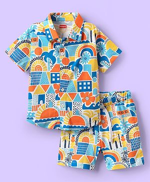 Babyhug Single Jersey Knit Half Sleeves Shirt & Shorts Co-ord Set with Tropical Print - Light Blue