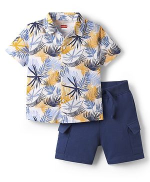 Babyhug Single Jersey Knit Half Sleeves Shirt & Shorts with Tropical Print - Navy Blue