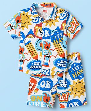 Babyhug Single Jersey Knit Half Sleeves Shirts and Shorts Co-Ord Set with Animal & Text Print - White & Blue