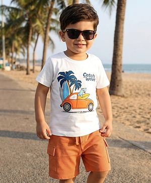 Babyhug Single Jersey Knit Half Sleeves T-Shirt & Shorts Set with Vehicle Print - White & Orange