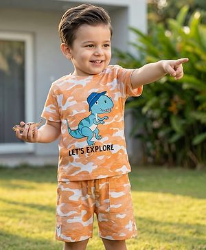 Babyhug Single Jersey Knit Half Sleeves T-Shirt & Shorts Set With Dino Print - Orange