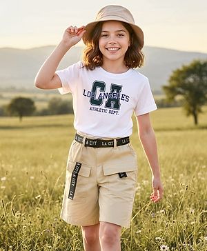 Pine Kids Single Jersey Knit Half Sleeves T-Shirt & Shorts Set with Text Print & Belt - White & Olive Green