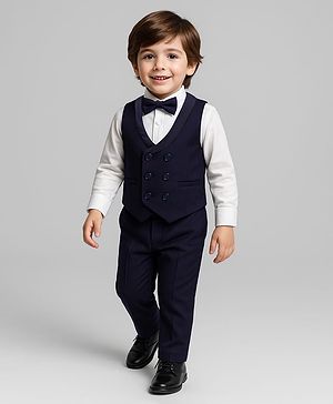 Babyhug Knit Full Sleeves Solid Color 3 Piece Party Suit with Bow - Navy Blue & White