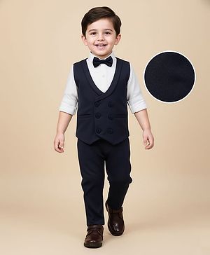 Babyhug Knit Full Sleeves 3 Piece Soild Color Party Suit - Navy Blue & White