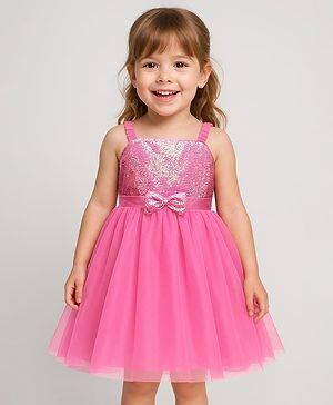 Babyhug Woven Sleeveless Mesh Party Dress With Sequinned Yoke & Bow Applique - Pink