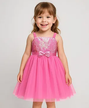 Babyhug Woven Sleeveless Mesh Party
                              Dress With Sequinned Yoke & Bow
                              Applique - Pink