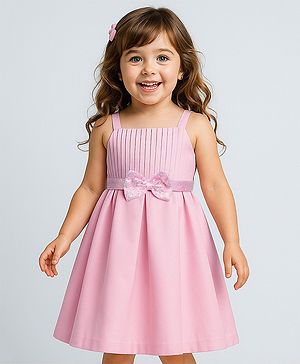 Babyhug Woven Sleeveless Pleated Party Dress With Bow Applique - Pink