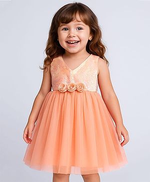 Babyhug Woven Sleeveless Fit & Flare Mesh Party Dress with Sequin Detailing & Floral Applique - Peach