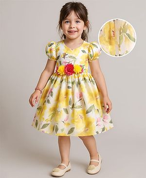Babyhug Woven Half Sleeves Party Dress With Floral Print & Applique - White
