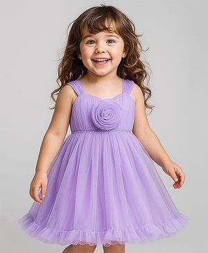 Babyhug Woven Sleeveless Solid Ruffled Mesh Party Dress With Floral Corsage - Lavender