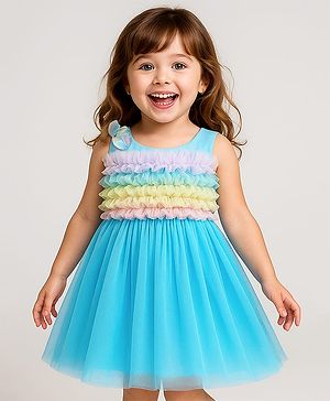 Babyhug Woven Sleeveless Party Dress With Ruffles on Yoke - Light Blue